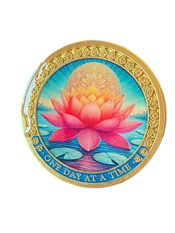 Pink Flotus Flower Lily pad Pond Scene One Day At A Time Medallion Serenity Prayer Chip