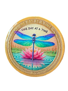 Dragonfly Pink Flotus Flower One Day At A Time Medallion Serenity Prayer Chip