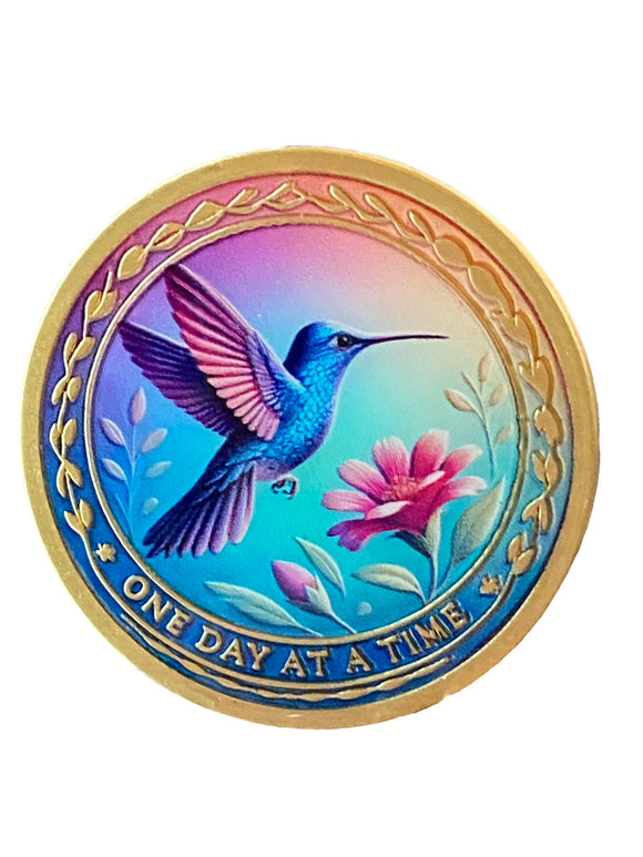 Hummingbird Pink Flower One Day At A Time Medallion Serenity Prayer Chip