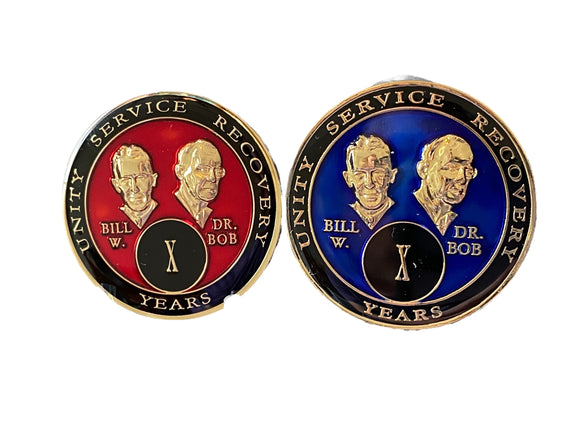 10 Year AA Founders Medallion Choose Blue or Red Tri-Plate Sobriety Chip Bill W Doctor Bob