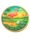 One Day at a Time Pink Flamingo Medallion – Serenity Prayer Sobriety Coin – Golf & Palm Tree Sunset Design