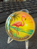 One Day at a Time Pink Flamingo Medallion – Serenity Prayer Sobriety Coin Palm Tree Beach Sunset Tropical Design