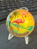 One Day at a Time Pink Flamingo Medallion – Serenity Prayer Sobriety Coin Palm Tree Beach Sunset Tropical Design