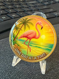 One Day at a Time Pink Flamingo Medallion – Serenity Prayer Sobriety Coin Palm Tree Beach Sunset Tropical Design