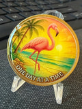 One Day at a Time Pink Flamingo Medallion – Serenity Prayer Sobriety Coin Palm Tree Beach Sunset Tropical Design