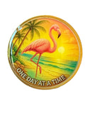 One Day at a Time Pink Flamingo Medallion – Serenity Prayer Sobriety Coin Palm Tree Beach Sunset Tropical Design