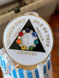 1 Year AA Medallion White Black Circle Shakra Crystal Sobriety Chip Serenity Prayer Back