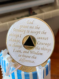 1 Year AA Medallion White Black Circle Shakra Crystal Sobriety Chip Serenity Prayer Back