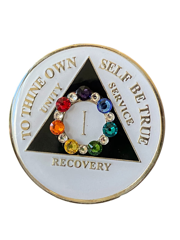 1 Year AA Medallion White Black Circle Shakra Crystal Sobriety Chip Serenity Prayer Back