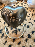 Pet Memorial Heart Cremation Urn – Black Aluminum with Silver Paw Prints – Keepsake Ashes Urn