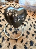 Pet Memorial Heart Cremation Urn – Black Aluminum with Silver Paw Prints – Keepsake Ashes Urn