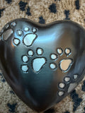 Pet Memorial Heart Cremation Urn – Black Aluminum with Silver Paw Prints – Keepsake Ashes Urn