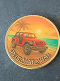 Red Jeep On Beach Palm Tree Duck One Day AT A Time Serenity Prayer Medallion Coin