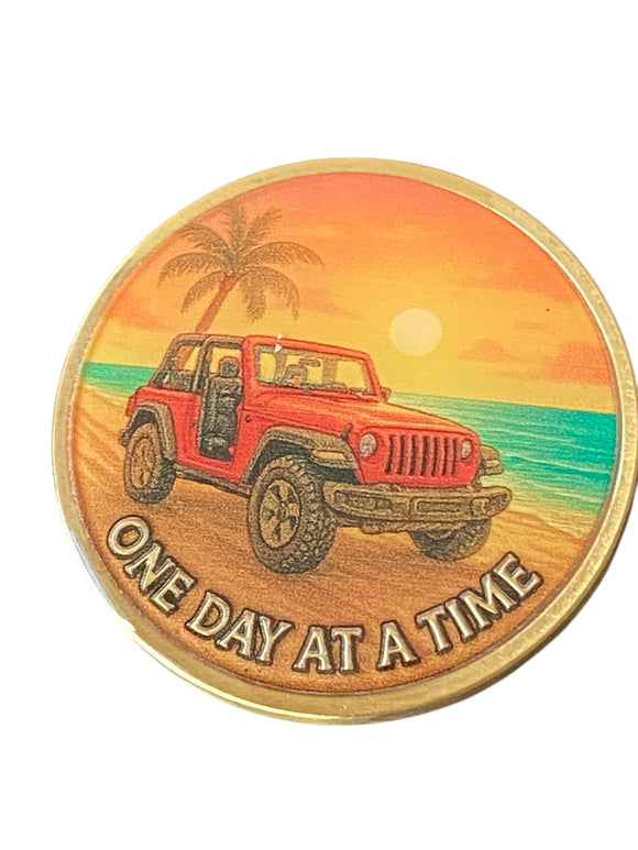 Red Jeep On Beach Palm Tree Duck One Day AT A Time Serenity Prayer Medallion Coin