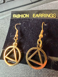 AA Triangle Symbol Dangle Earrings – Gold Tone Recovery Jewelry .5 Inch Diameter