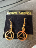 AA Triangle Symbol Dangle Earrings – Gold Tone Recovery Jewelry .5 Inch Diameter
