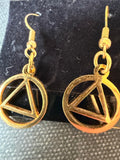 AA Triangle Symbol Dangle Earrings – Gold Tone Recovery Jewelry .5 Inch Diameter