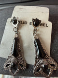 Vintage Black Enamel Filigree Dangle Earrings | Cat Stud Earrings | Gothic Boho Statement Jewelry