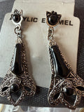 Vintage Black Enamel Filigree Dangle Earrings | Cat Stud Earrings | Gothic Boho Statement Jewelry