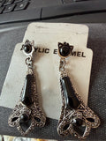 Vintage Black Enamel Filigree Dangle Earrings | Cat Stud Earrings | Gothic Boho Statement Jewelry