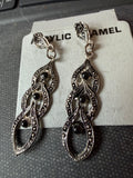 Vintage Black Cabochon Dangle Earrings | Silver Tone Filigree Leaf Design | Elegant Statement Jewelry