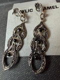Vintage Black Cabochon Dangle Earrings | Silver Tone Filigree Leaf Design | Elegant Statement Jewelry