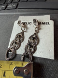 Vintage Black Cabochon Dangle Earrings | Silver Tone Filigree Leaf Design | Elegant Statement Jewelry