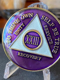 23 Year AA Medallion Glossy Purple Tri-Plate Sobriety Chip Serenity Prayer Back