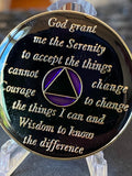 23 Year AA Medallion Glossy Purple Tri-Plate Sobriety Chip Serenity Prayer Back