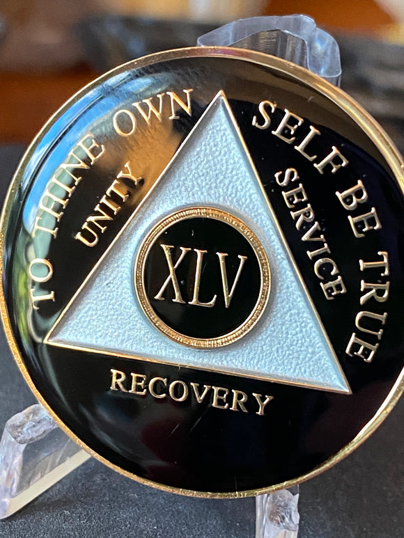 45 Year AA Medallion Glossy Black Tri-Plate Sobriety Chip Serenity Prayer Back