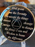 45 Year AA Medallion Glossy Black Tri-Plate Sobriety Chip Serenity Prayer Back