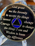 10 Year AA Medallion Blue Tri-plate Sobriety Chip Serenity Prayer Back