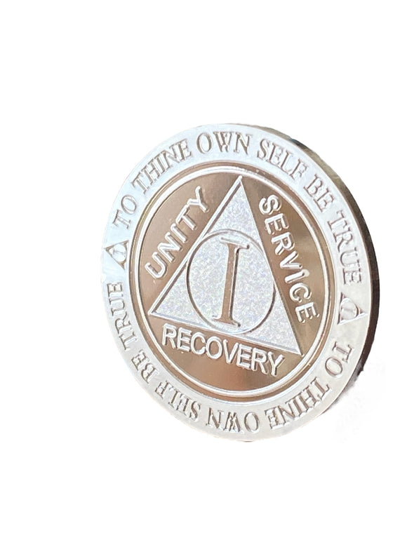 1 Year AA Medallion .999 Fine Silver .5 oz Sobriety Chip Serenity Prayer Back Elegant Design