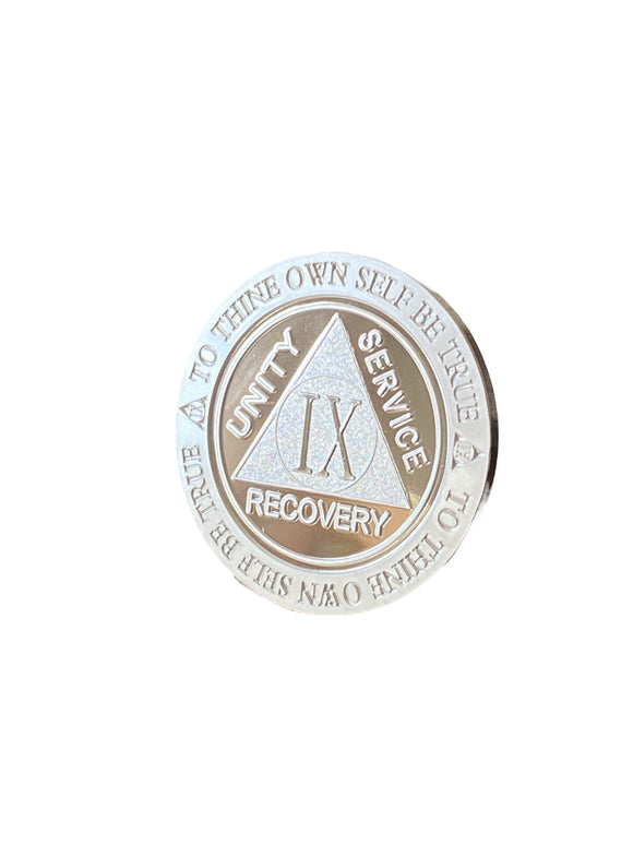 9 Year AA Medallion .999 Fine Silver .5 oz Sobriety Chip Serenity Prayer Back Elegant Design