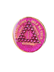 1 Year AA Medallion Pink Glitter Fuschia Crystal Tri-Plate Sobriety Chip