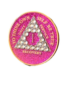 1 Year AA Medallion Pink Glitter Clear Crystal Tri-Plate Sobriety Chip