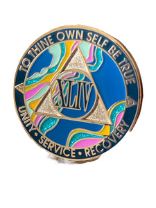 44 Year AA Medallion Elegant Tahiti Teal Blue and Pink Marble Gold Sobriety Chip