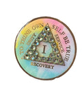 1 - 10 Year AA Medallion Psychic-Delic Rainbow Tie-Dye Robins Egg Light Blue Crystal Sobriety Chip