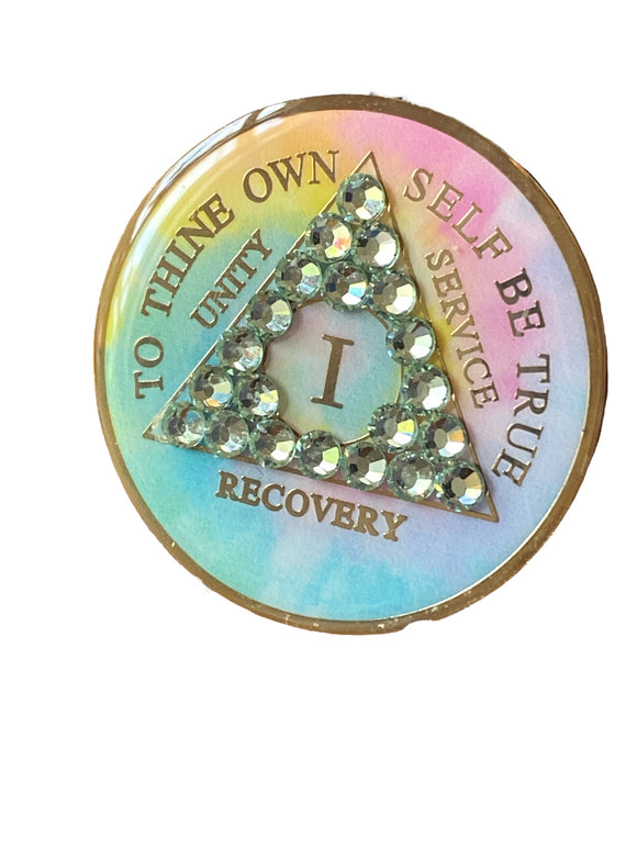 1 Year AA Medallion Psychic-Delic Rainbow Tie-Dye Robins Egg Light Blue Crystal Sobriety Chip