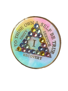 1 - 20 Year AA Medallion Psychic-Delic Rainbow Tie-Dye Patchwork Crystal Sobriety Chip