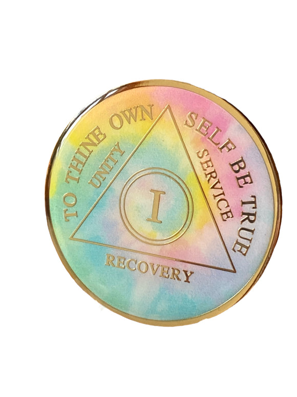 1 - 20 Year AA Medallion Psychic-Delic Rainbow Tie-Dye Tri-Plate Sobriety Chip