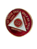 30 Year AA Medallion Metallic Red Tri-Plate Sobriety Chip Serenity Prayer Back