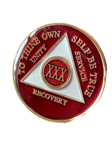 30 Year AA Medallion Metallic Red Tri-Plate Sobriety Chip Serenity Prayer Back