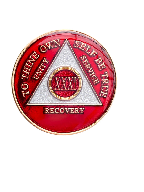 31 Year AA Medallion Red Tri-Plate Sobriety Chip Serenity Prayer Back