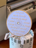 19 Year AA Medallion White Circle Shakra Crystal Tri-Plate Sobriety Chip Serenity Prayer Back