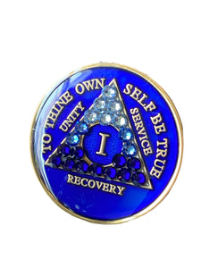 1 Year AA Medallion Blue Sapphire Transition Crystal Sobriety Chip