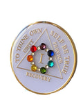 1 Year AA Medallion White Circle Shakra Crystal Sobriety Chip Serenity Prayer Back