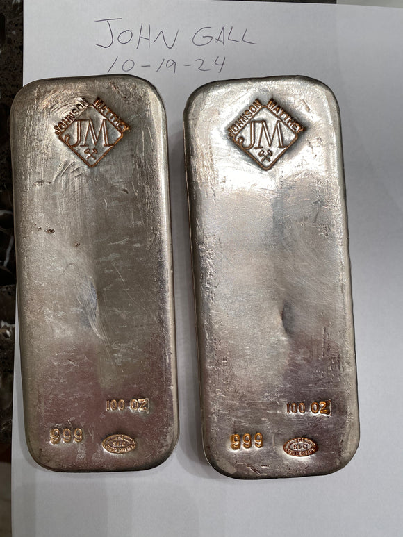 100 oz Johnson & Matthey Poured .999 Fine Silver Bar