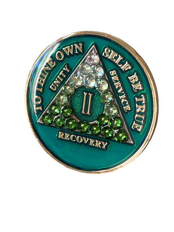 2 Year AA Medallion Green Transition Crystal Tri-Plate Sobriety Chip