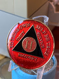 2 Year AA Medallion Red Black Gold Plated Tri-Plate Sobriety Chip Serenity Prayer Back